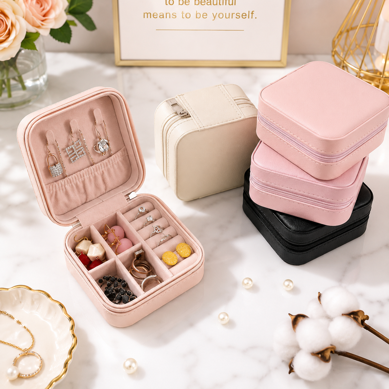Mini Jewellery Box for Women | Portable Travel Jewelry Organizer Case | Ring, Earring & Necklace Storage Box