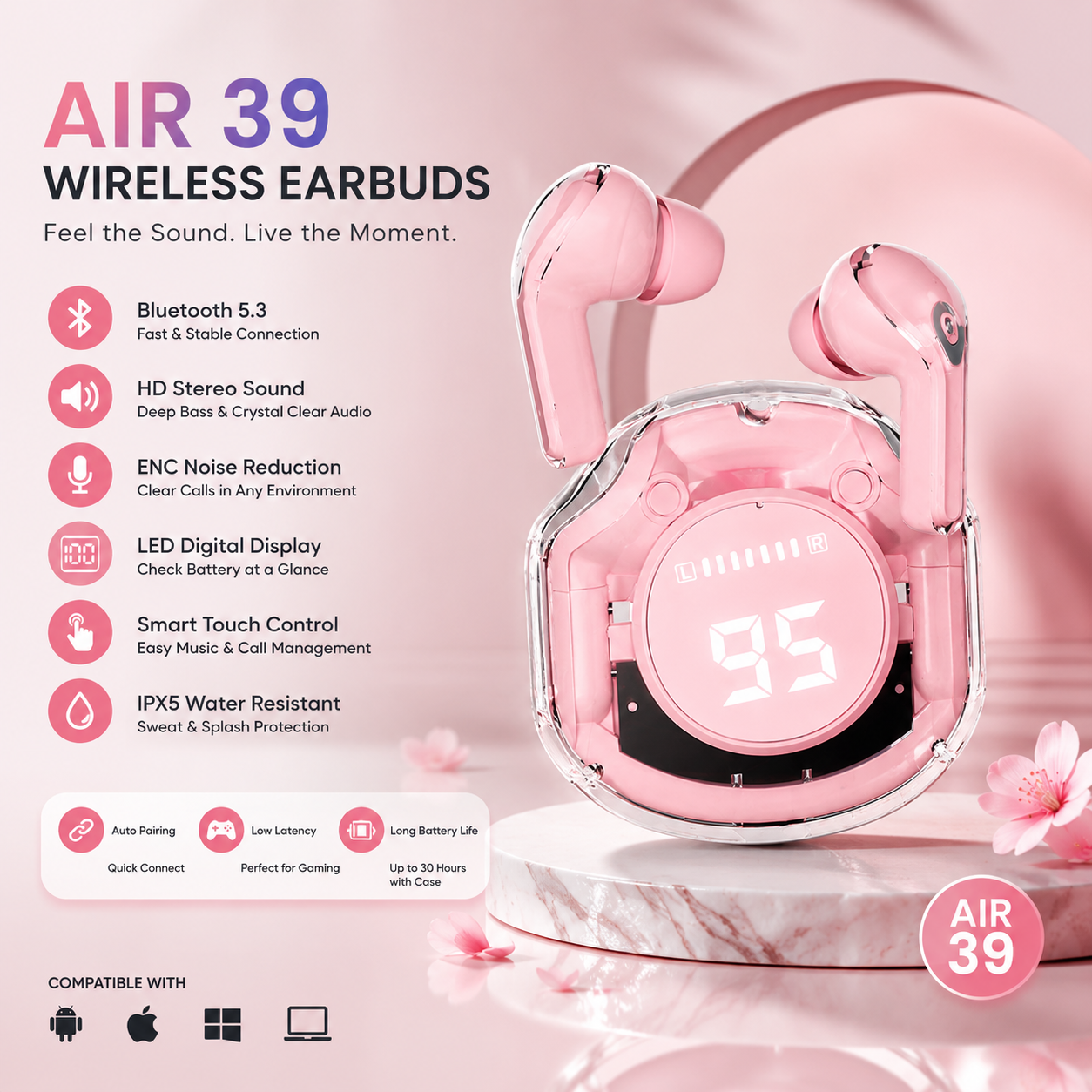 Air 39 Wireless Earbuds – Bluetooth 5.3 | HD Sound | ENC Noise Reduction | LED Display