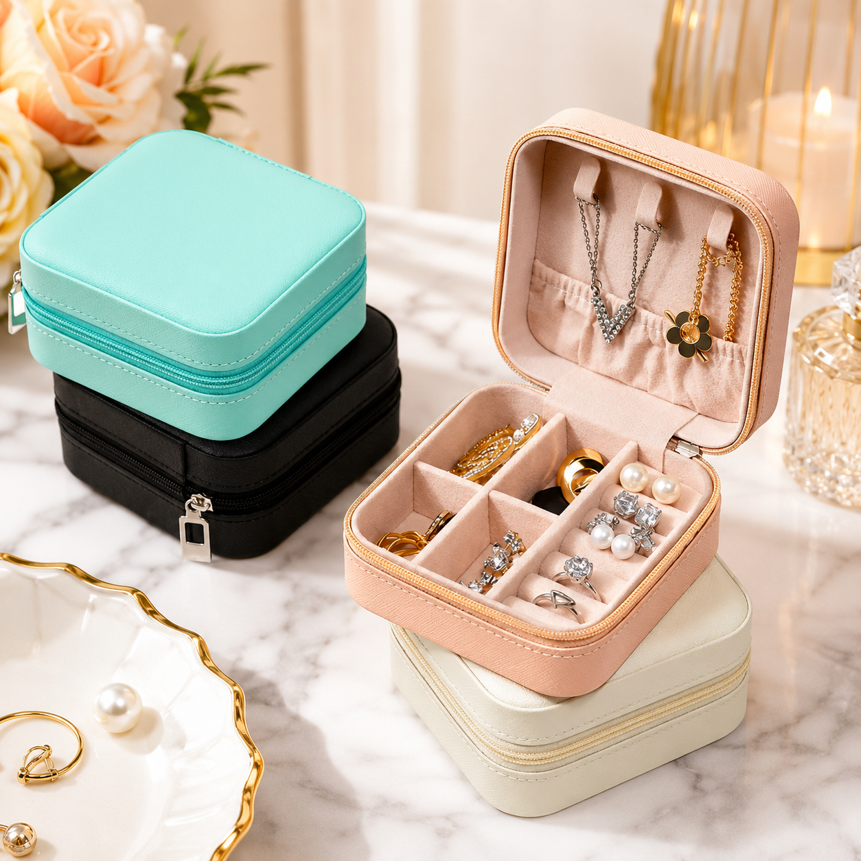 Mini Jewellery Box for Women | Portable Travel Jewelry Organizer Case | Ring, Earring & Necklace Storage Box