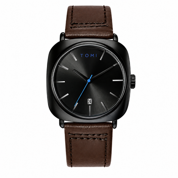 Timoora Noir Square Leather Watch – Black Dial & Brown Leather Strap