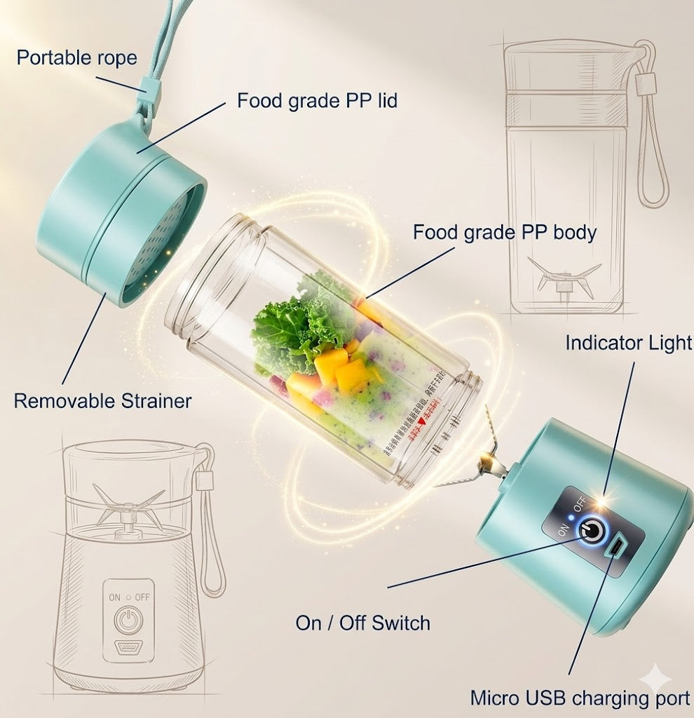 Portable Mini Juicer Blender – USB Rechargeable Smoothie Maker for Fruits & Shakes