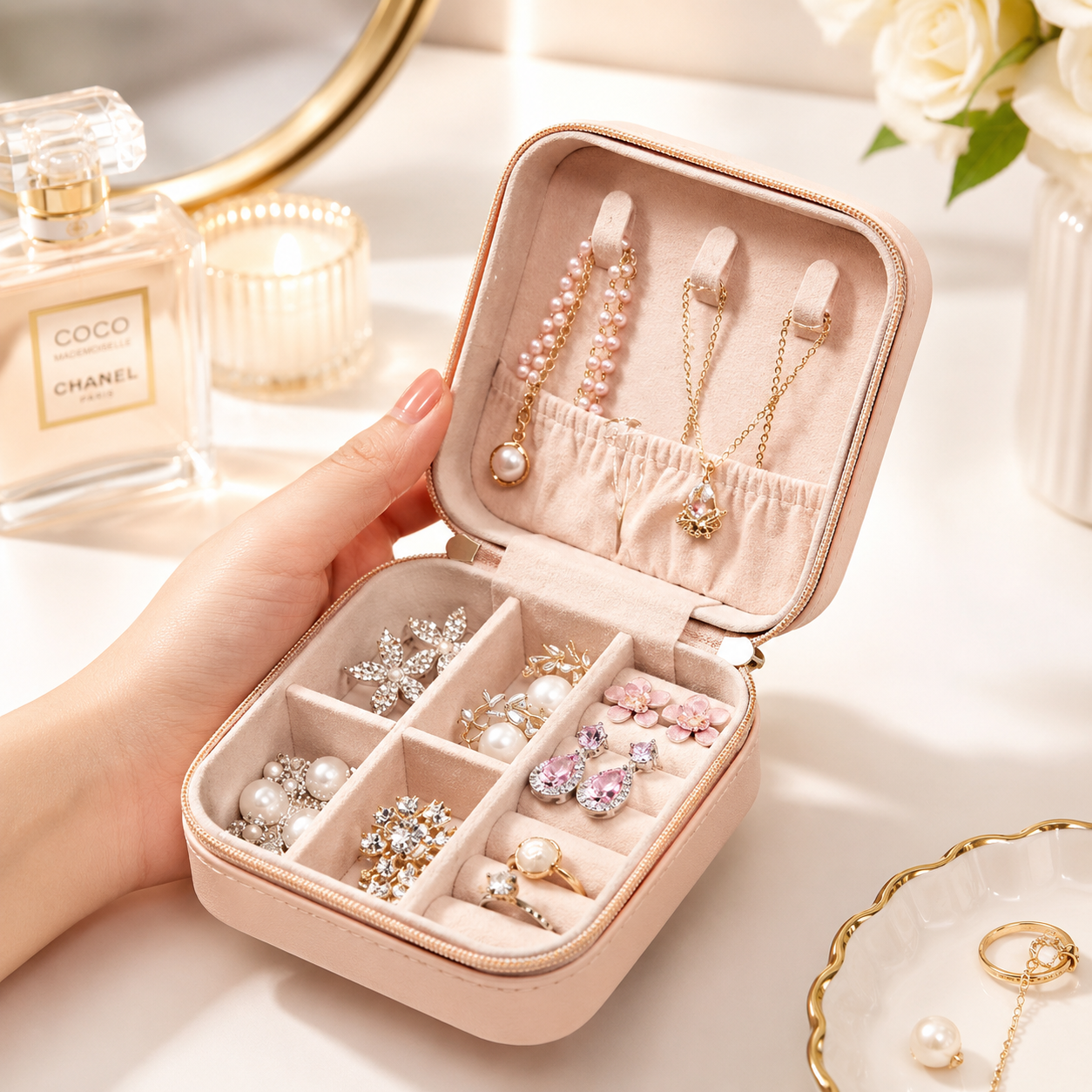 Mini Jewellery Box for Women | Portable Travel Jewelry Organizer Case | Ring, Earring & Necklace Storage Box
